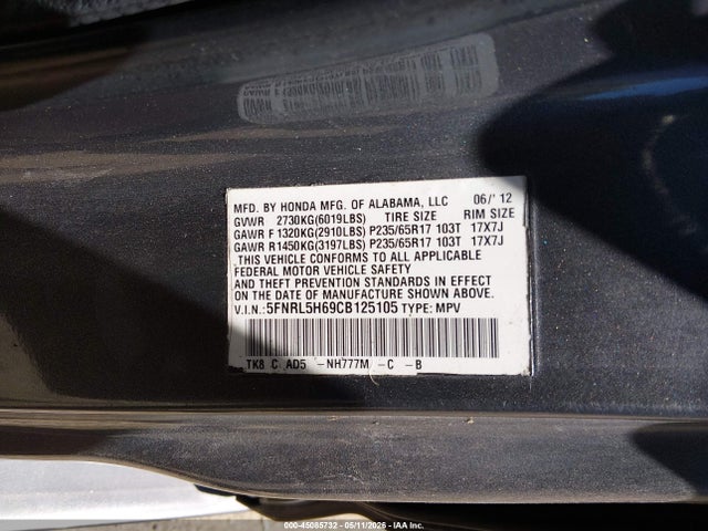 45085732 :رقم المزاد ، 5FNRL5H69CB125105 vin ، 2012 Honda Odyssey Ex-l مزاد بيع