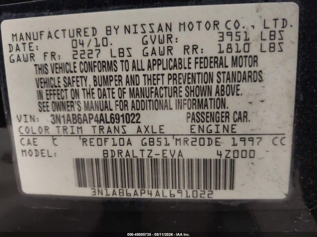 Aukcja sprzedaży 2010 Nissan Sentra 2.0s, vin: 3N1AB6AP4AL691022, numer aukcji: 45085735