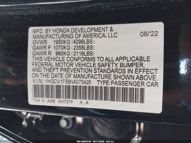 1HGCV1F58NA075426 Honda Accord Ex-l