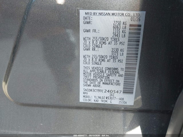 Продажа на аукционе авто 2026 Nissan Pathfinder Sl, vin: 5N1DR3CT9TC240547, номер лота: 45085771