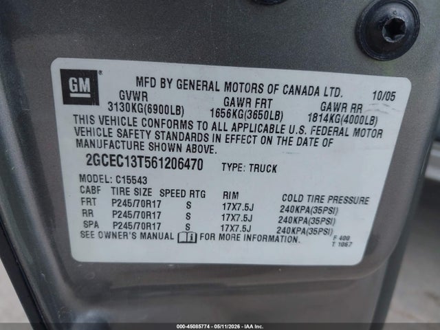 Продаж на аукціоні авто 2006 Chevrolet Silverado 1500 Lt2, vin: 2GCEC13T561206470, номер лоту: 45085774