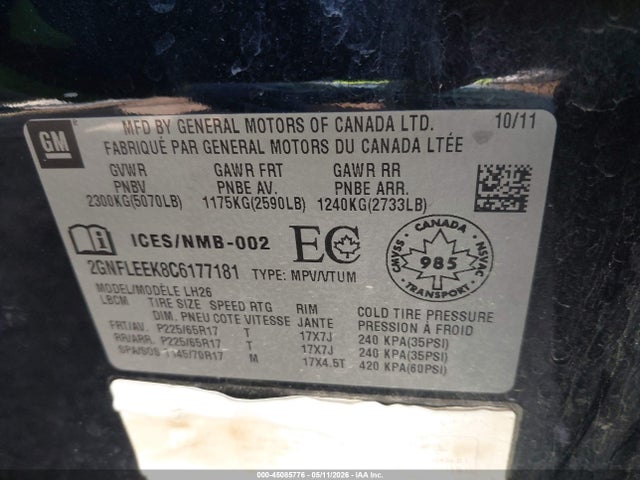 Продажа на аукционе авто 2012 Chevrolet Equinox 1lt, vin: 2GNFLEEK8C6177181, номер лота: 45085776