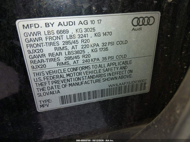 Auction sale of the 2018 Audi Q7 3.0t Premium, vin: WA1LAAF72JD018007, lot number: 45085780