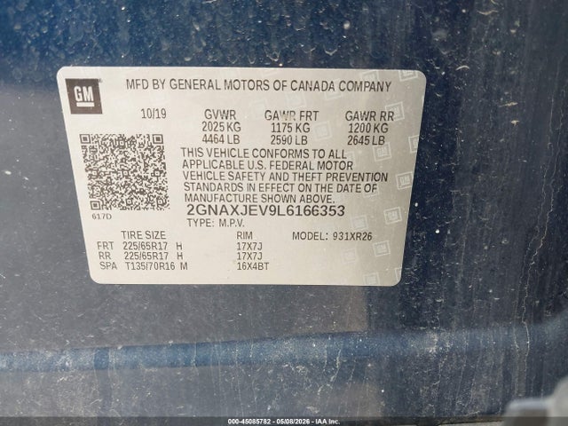 45085782 :رقم المزاد ، 2GNAXJEV9L6166353 vin ، 2020 Chevrolet Equinox Fwd 2fl مزاد بيع