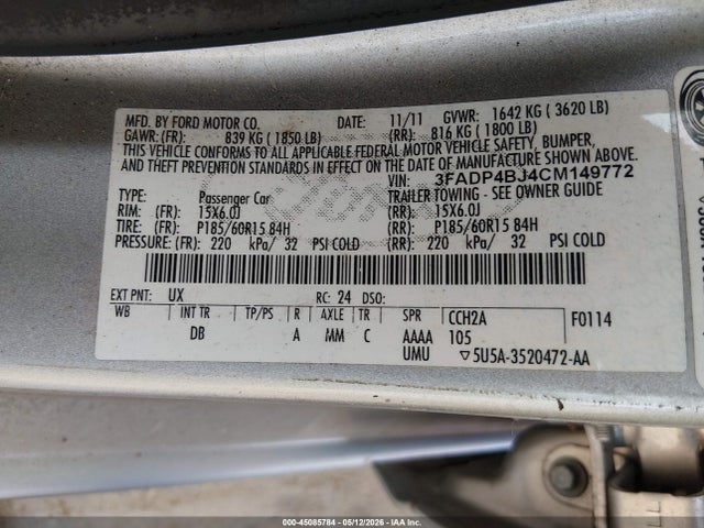 2012 Ford Fiesta Se მანქანა იყიდება აუქციონზე, vin: 3FADP4BJ4CM149772, აუქციონის ნომერი: 45085784