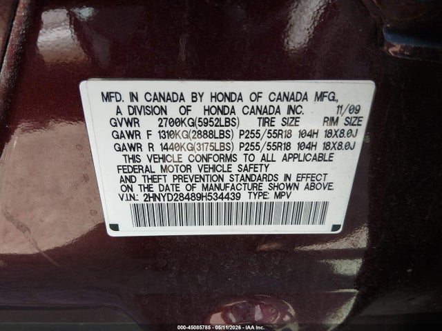 Aukcja sprzedaży 2009 Acura Mdx Technology Package, vin: 2HNYD28489H534439, numer aukcji: 45085785