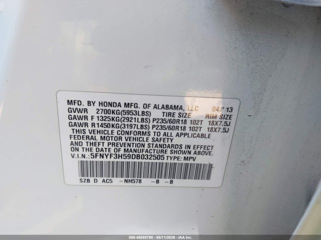 45085790 :رقم المزاد ، 5FNYF3H59DB032505 vin ، 2013 Honda Pilot Ex-l مزاد بيع