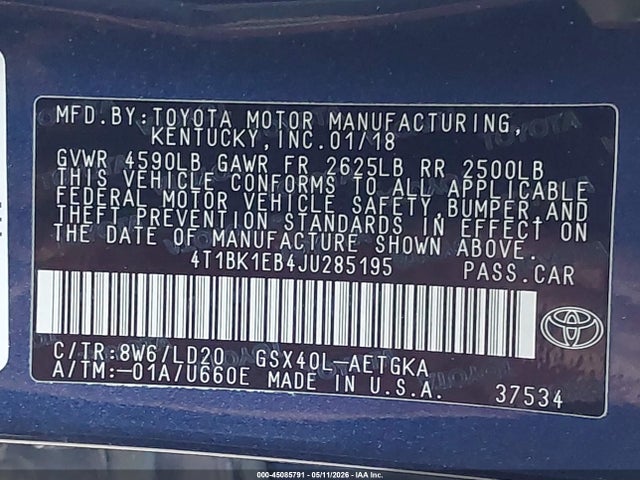 4T1BK1EB4JU285195 Toyota AVALON XLE
