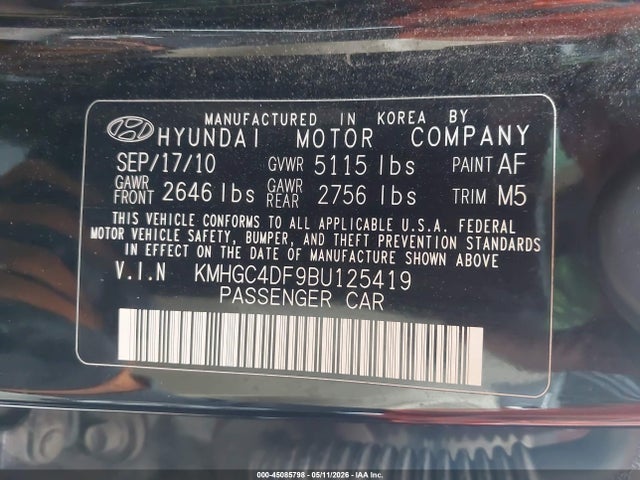 2011 Hyundai Genesis 4.6 მანქანა იყიდება აუქციონზე, vin: KMHGC4DF9BU125419, აუქციონის ნომერი: 45085798