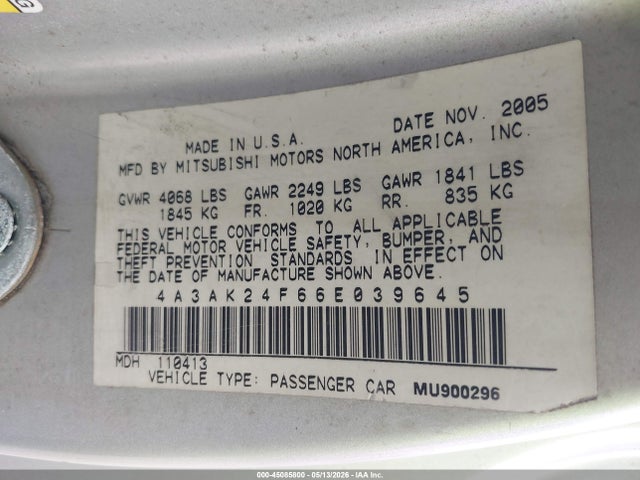 Продаж на аукціоні авто 2006 Mitsubishi Eclipse Gs, vin: 4A3AK24F66E039645, номер лоту: 45085800