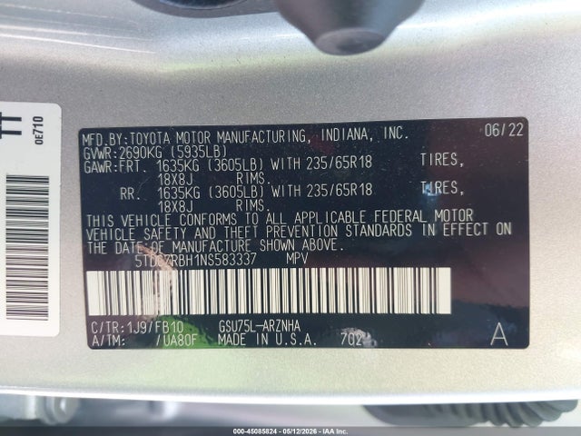 Aukcja sprzedaży 2022 Toyota Highlander L, vin: 5TDCZRBH1NS583337, numer aukcji: 45085824