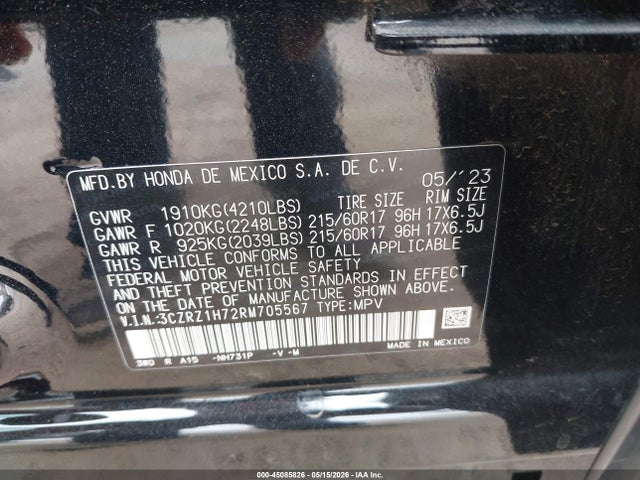 3CZRZ1H72RM705567 Honda Hr-v 2wd Ex-l/2wd Ex-l W/o Bsi