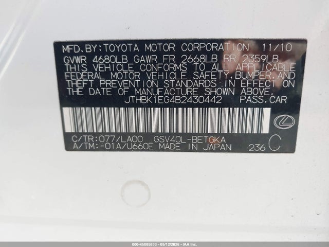 Продажа на аукционе авто 2011 Lexus Es 350, vin: JTHBK1EG4B2430442, номер лота: 45085833