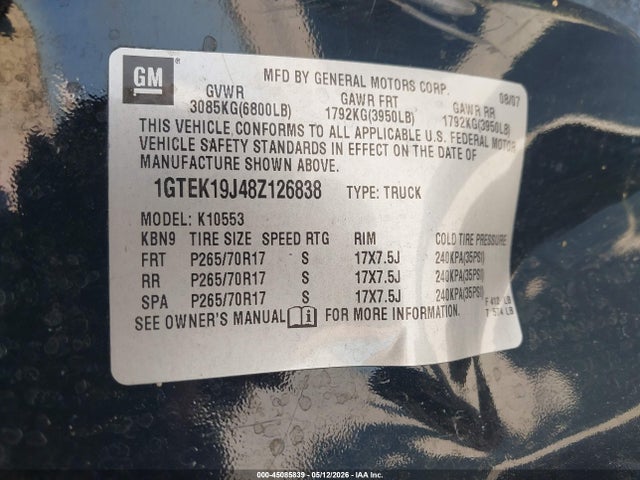 Продажа на аукционе авто 2008 Gmc Sierra 1500 Sle2, vin: 1GTEK19J48Z126838, номер лота: 45085839