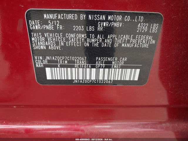 45085843 :رقم المزاد ، JN1AZ0CP7CT022067 vin ، 2012 Nissan Leaf Sl مزاد بيع