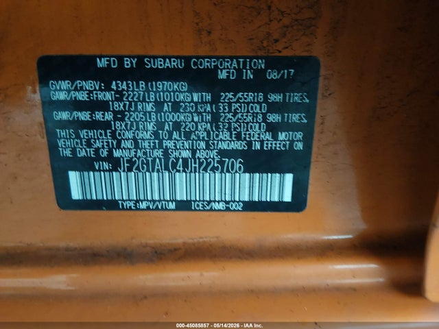 45085857 :رقم المزاد ، JF2GTALC4JH225706 vin ، 2018 Subaru Crosstrek 2.0i Limited مزاد بيع