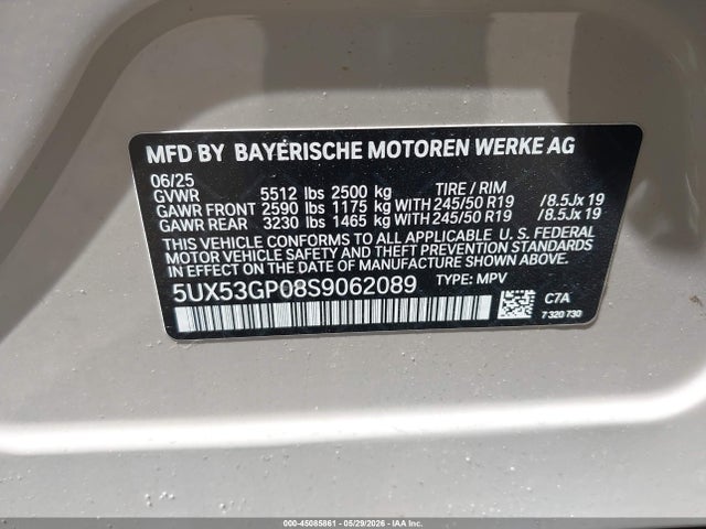 Продаж на аукціоні авто 2025 Bmw X3 30 Xdrive, vin: 5UX53GP08S9062089, номер лоту: 45085861