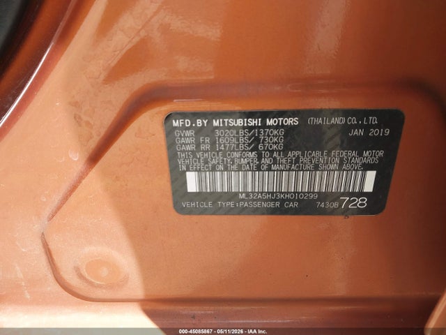 Продажа на аукционе авто 2019 Mitsubishi Mirage Le, vin: ML32A5HJ3KH010299, номер лота: 45085867