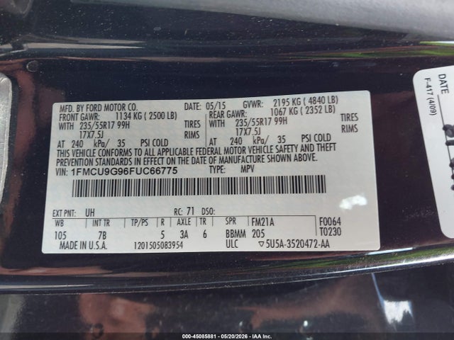 Aukcja sprzedaży 2015 Ford Escape Se, vin: 1FMCU9G96FUC66775, numer aukcji: 45085881