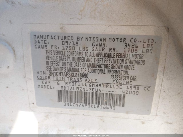 Nissan Versa 1.6 Sv 2019 3N1CN7AP3KL818690 Image 9