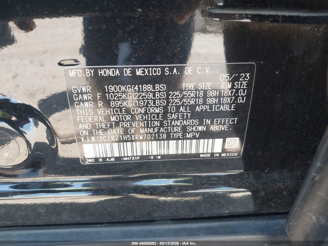 2024 Honda Hr-v 2wd Sport/2wd Sport W/o Bsi მანქანა იყიდება აუქციონზე, vin: 3CZRZ1H5XRM702138, აუქციონის ნომერი: 45085892