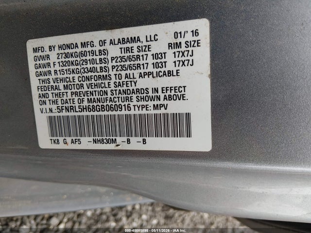 2016 Honda Odyssey Ex-l მანქანა იყიდება აუქციონზე, vin: 5FNRL5H68GB060916, აუქციონის ნომერი: 45085895