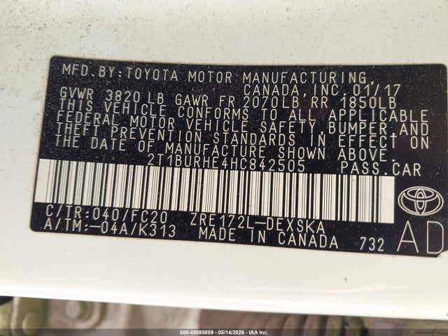 45085899 :رقم المزاد ، 2T1BURHE4HC842505 vin ، 2017 Toyota Corolla Se مزاد بيع