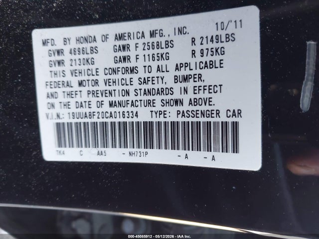Aukcja sprzedaży 2012 Acura Tl 3.5, vin: 19UUA8F20CA016334, numer aukcji: 45085912