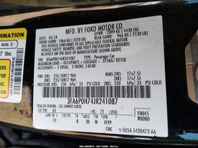 Ford FUSION SE 2018 3FA6P0H74JR241087 Image 9