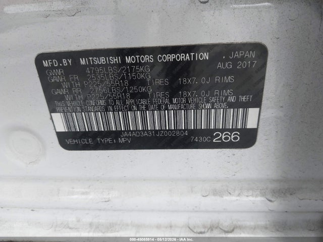 2018 Mitsubishi Outlander Sel მანქანა იყიდება აუქციონზე, vin: JA4AD3A31JZ002804, აუქციონის ნომერი: 45085914