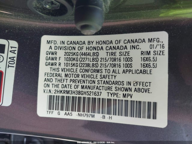 Aukcja sprzedaży 2016 Honda Cr-v Lx, vin: 2HKRM3H38GH521637, numer aukcji: 45085916