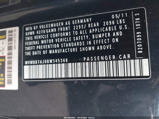 Aukcja sprzedaży 2011 Volkswagen Golf 2.5l 2-door, vin: WVWBB7AJ0BW345368, numer aukcji: 45085921