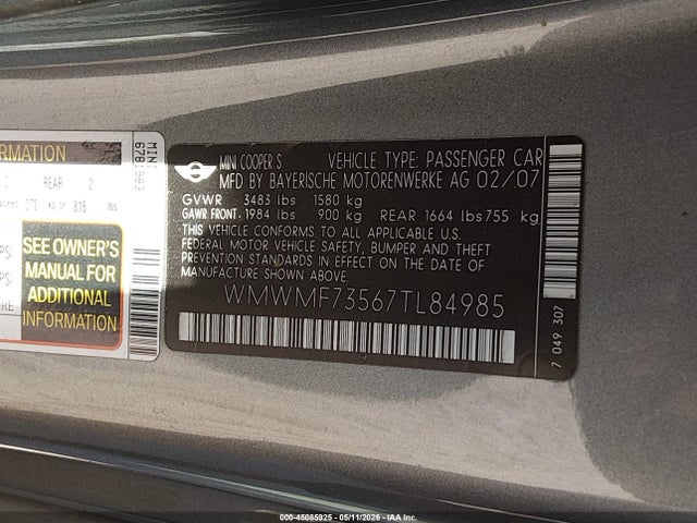 Продажа на аукционе авто 2007 Mini Cooper S, vin: WMWMF73567TL84985, номер лота: 45085925