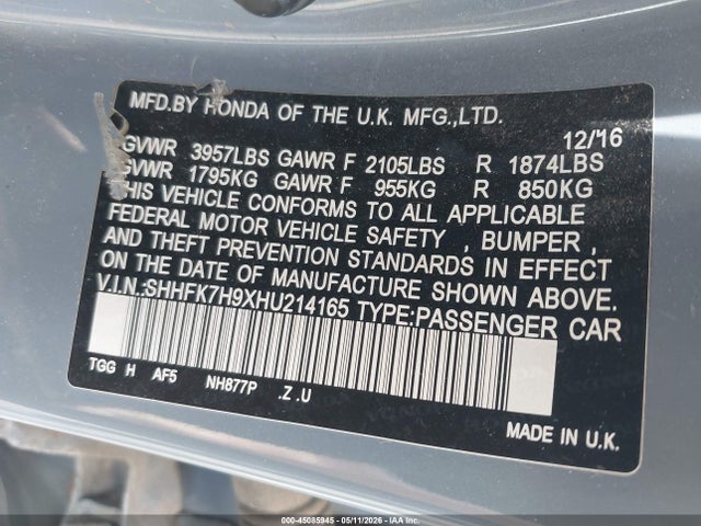 Auction sale of the 2017 Honda Civic Sport Touring, vin: SHHFK7H9XHU214165, lot number: 45085945