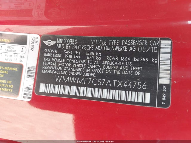 Aukcja sprzedaży 2010 Mini Cooper S, vin: WMWMF7C57ATX44756, numer aukcji: 45085949