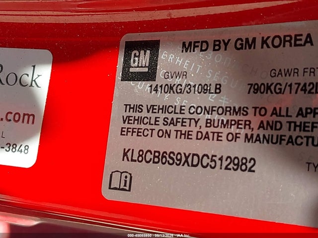 45085950 :رقم المزاد ، KL8CB6S9XDC512982 vin ، 2013 Chevrolet Spark Ls Auto مزاد بيع