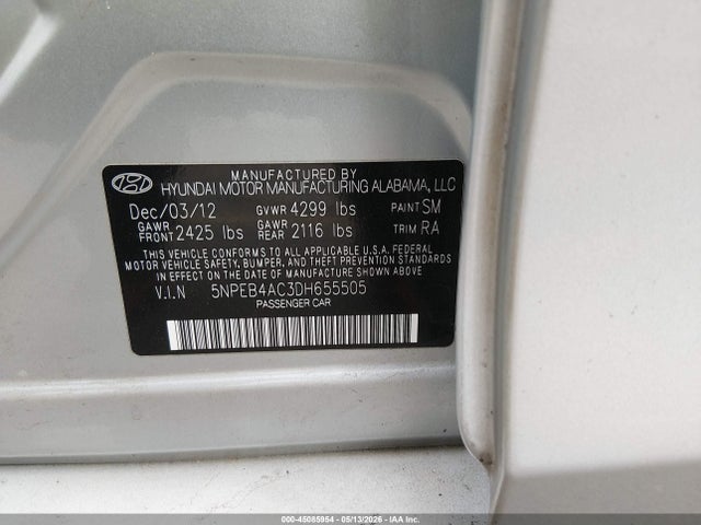 2013 Hyundai Sonata Gls მანქანა იყიდება აუქციონზე, vin: 5NPEB4AC3DH655505, აუქციონის ნომერი: 45085954