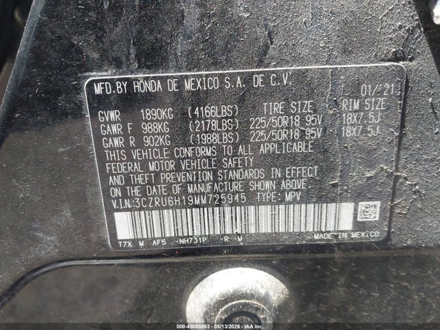2021 Honda Hr-v Awd Sport მანქანა იყიდება აუქციონზე, vin: 3CZRU6H19MM725945, აუქციონის ნომერი: 45085963