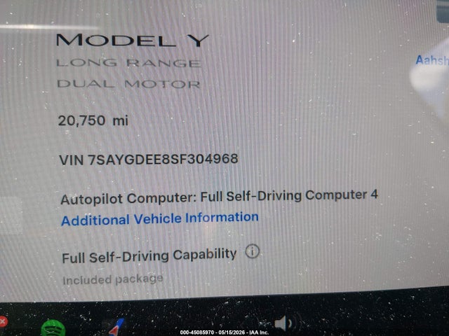 Продажа на аукционе авто 2025 Tesla Model Y Long Range Dual Motor All-wheel Drive, vin: 7SAYGDEE8SF304968, номер лота: 45085970