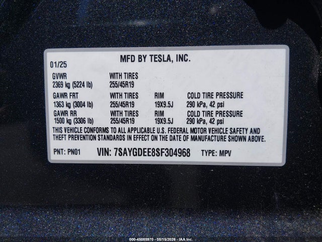 Продажа на аукционе авто 2025 Tesla Model Y Long Range Dual Motor All-wheel Drive, vin: 7SAYGDEE8SF304968, номер лота: 45085970