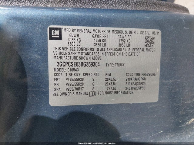 45085973 :رقم المزاد ، 3GCPCSE03BG359304 vin ، 2011 Chevrolet Silverado 1500 Lt مزاد بيع