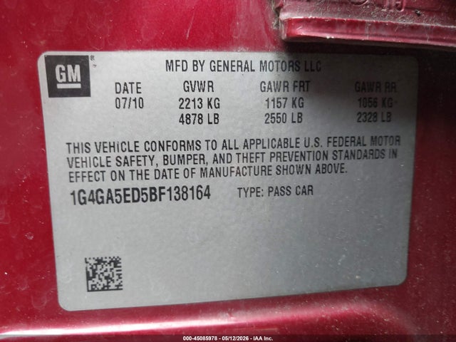 Продажа на аукционе авто 2011 Buick Lacrosse Cx, vin: 1G4GA5ED5BF138164, номер лота: 45085978