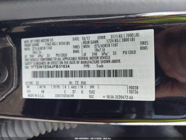 2018 Ford F-150 Lariat მანქანა იყიდება აუქციონზე, vin: 1FTEW1E54JFB31834, აუქციონის ნომერი: 45085983