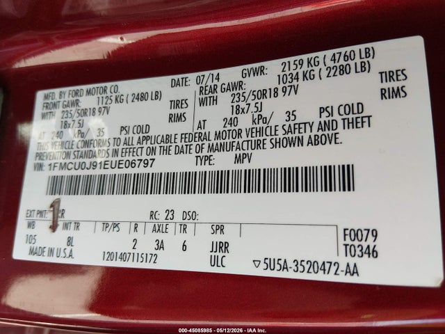 Aukcja sprzedaży 2014 Ford Escape Titanium, vin: 1FMCU0J91EUE06797, numer aukcji: 45085985