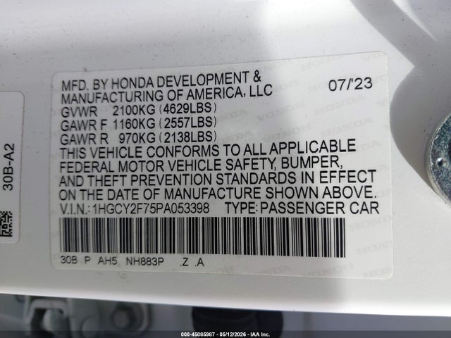 Продаж на аукціоні авто 2023 Honda Accord Hybrid Sport-l, vin: 1HGCY2F75PA053398, номер лоту: 45085987