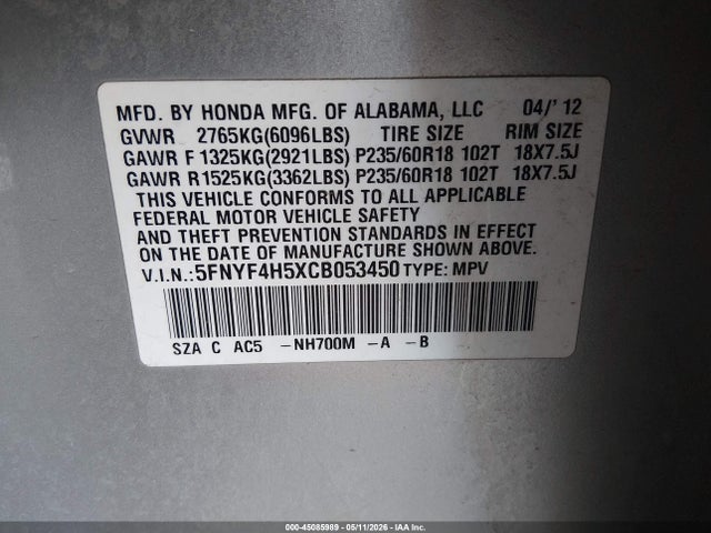 2012 Honda Pilot Ex-l მანქანა იყიდება აუქციონზე, vin: 5FNYF4H5XCB053450, აუქციონის ნომერი: 45085989