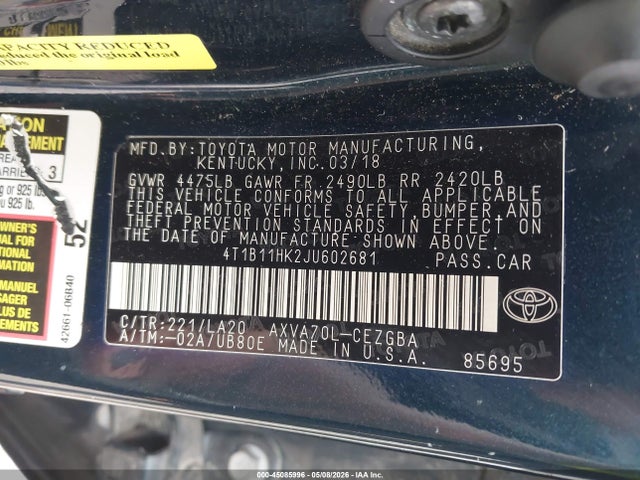 Aukcja sprzedaży 2018 Toyota Camry Xle, vin: 4T1B11HK2JU602681, numer aukcji: 45085996