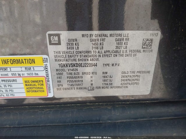 45085998 :رقم المزاد ، 1GKKVSKD9EJ220944 vin ، 2014 Gmc Acadia Slt-2 مزاد بيع