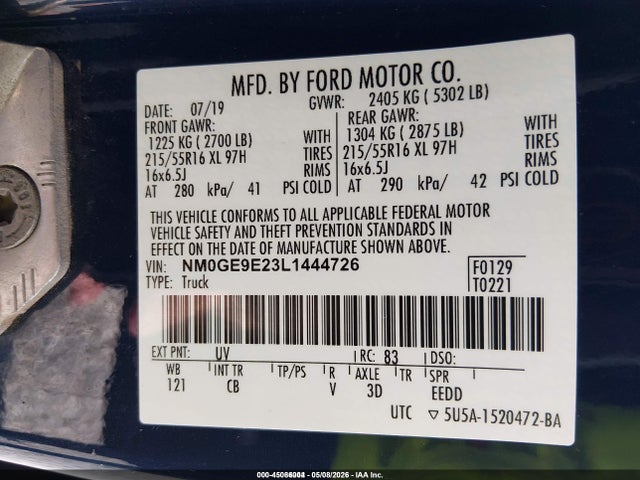 45086004 :رقم المزاد ، NM0GE9E23L1444726 vin ، 2020 Ford Transit Connect Xl Passenger مزاد بيع