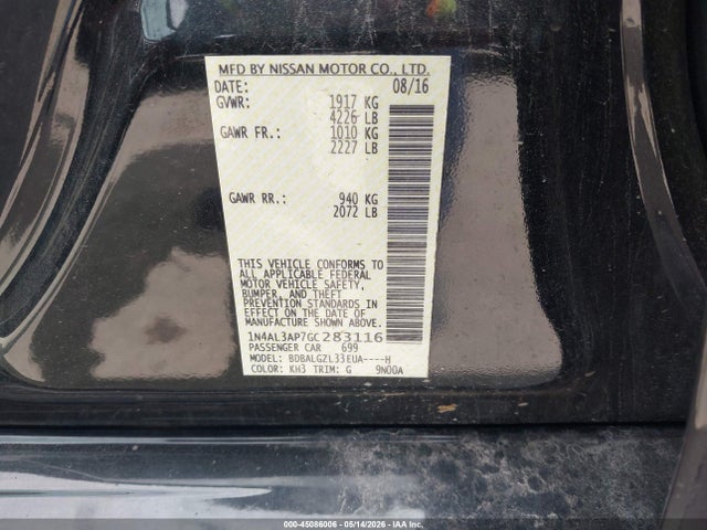 Aukcja sprzedaży 2016 Nissan Altima 2.5 S, vin: 1N4AL3AP7GC283116, numer aukcji: 45086006
